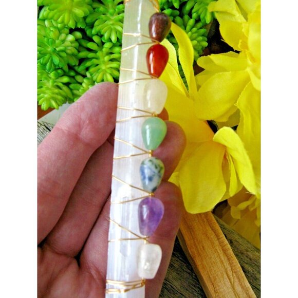 New Natural Shimmer Frosty Selenite Crystal Wand with Natural Chakra Gemstones - Picture 5 of 12